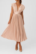 Women’s Pleated V - Neck Midi Dress with Structured Waist