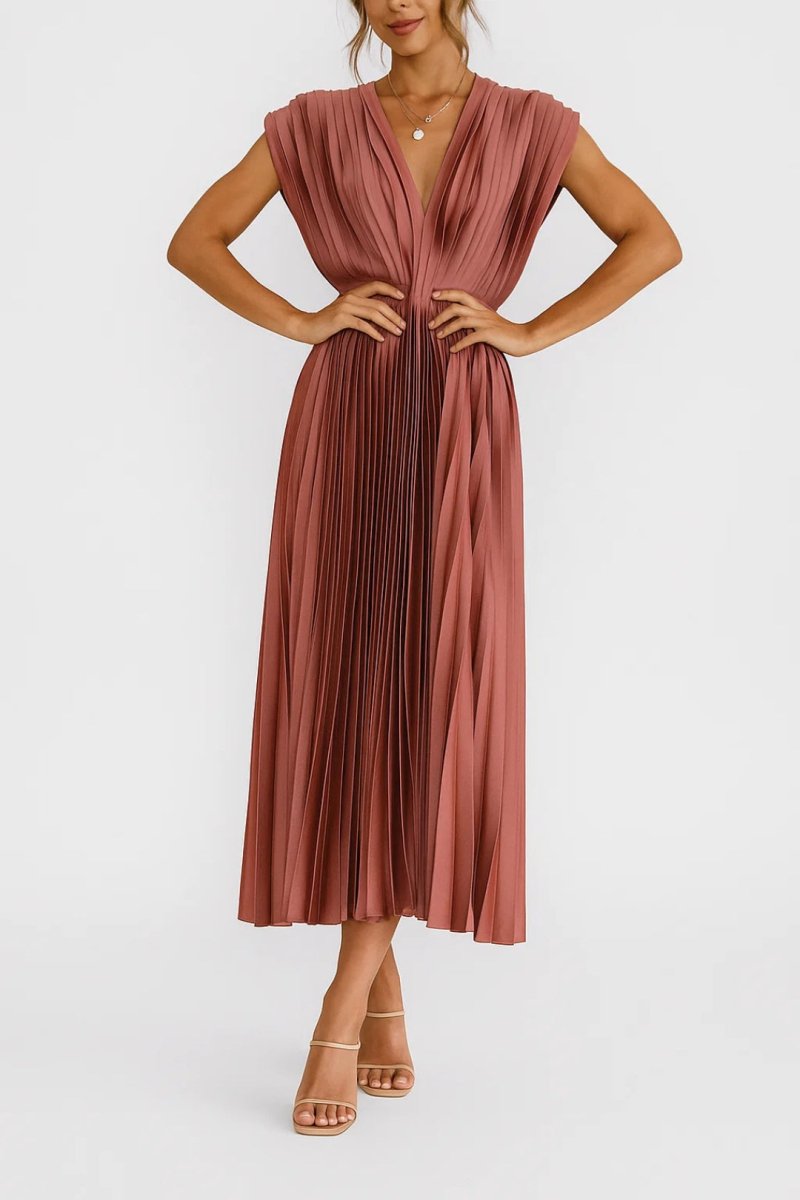 Women’s Pleated V - Neck Midi Dress with Structured Waist