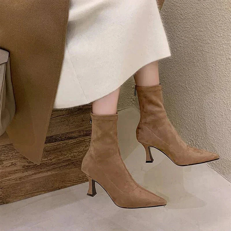 Women’s Pointed - Toe Ankle Boots with Sock - Style Shaft and Sculpted Heel