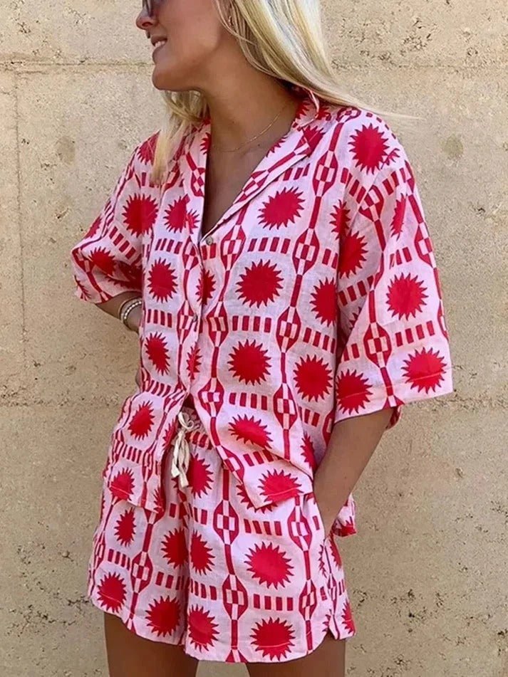 Women’s Printed Two - Piece Set with Short Sleeve Button - Up Shirt and Drawstring Shorts