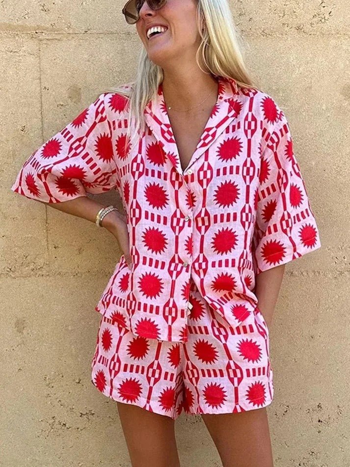 Women’s Printed Two - Piece Set with Short Sleeve Button - Up Shirt and Drawstring Shorts