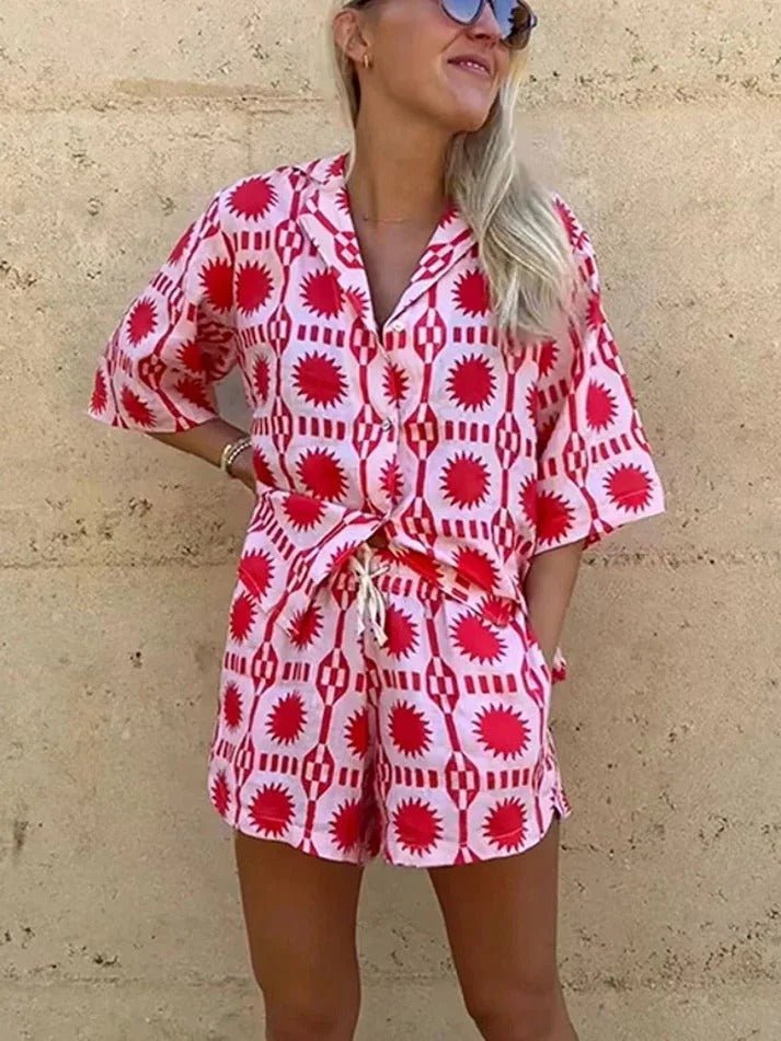 Women’s Printed Two - Piece Set with Short Sleeve Button - Up Shirt and Drawstring Shorts