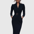 Women’s Refined Belted Midi Dress with Tailored Silhouette for Elegant Occasions