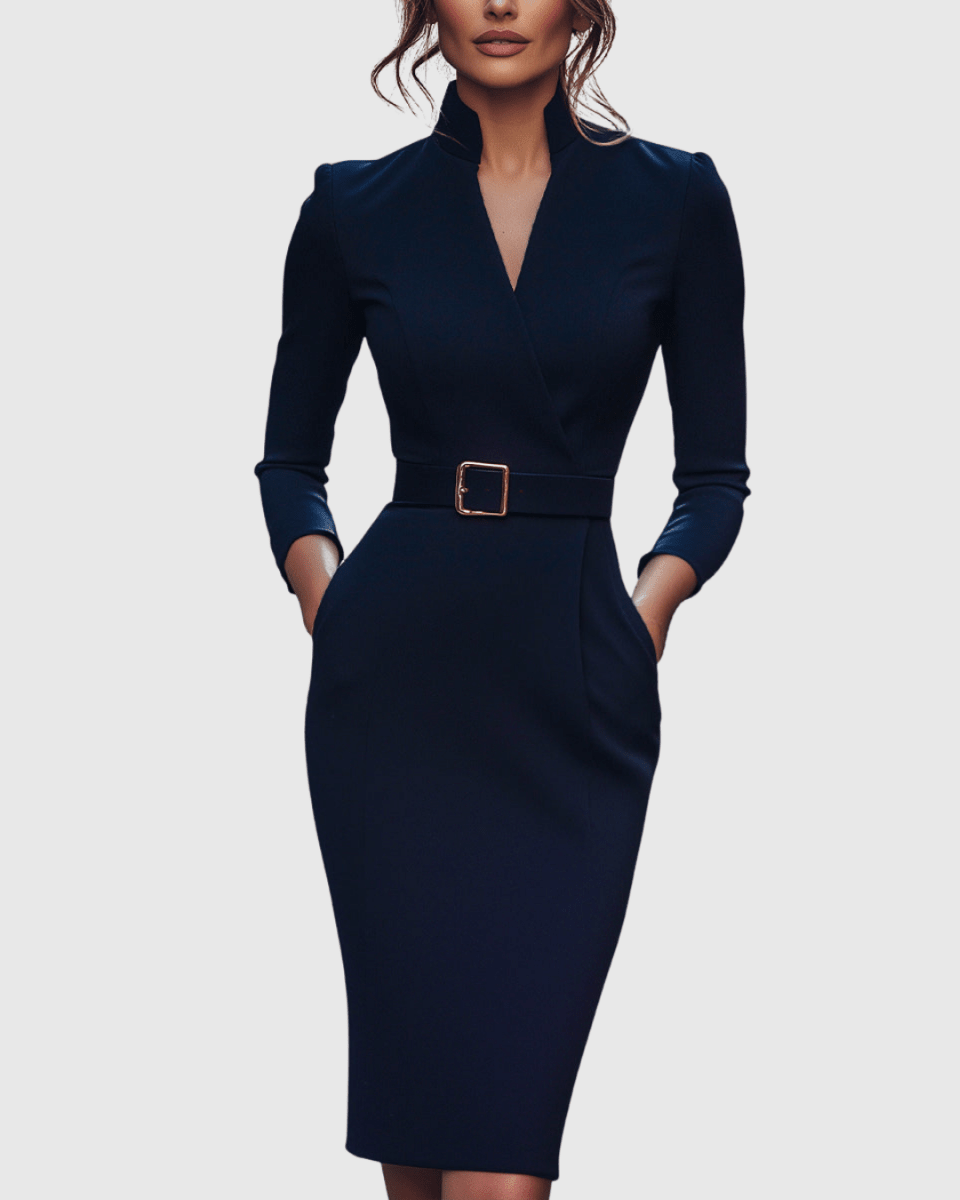 Women’s Refined Belted Midi Dress with Tailored Silhouette for Elegant Occasions
