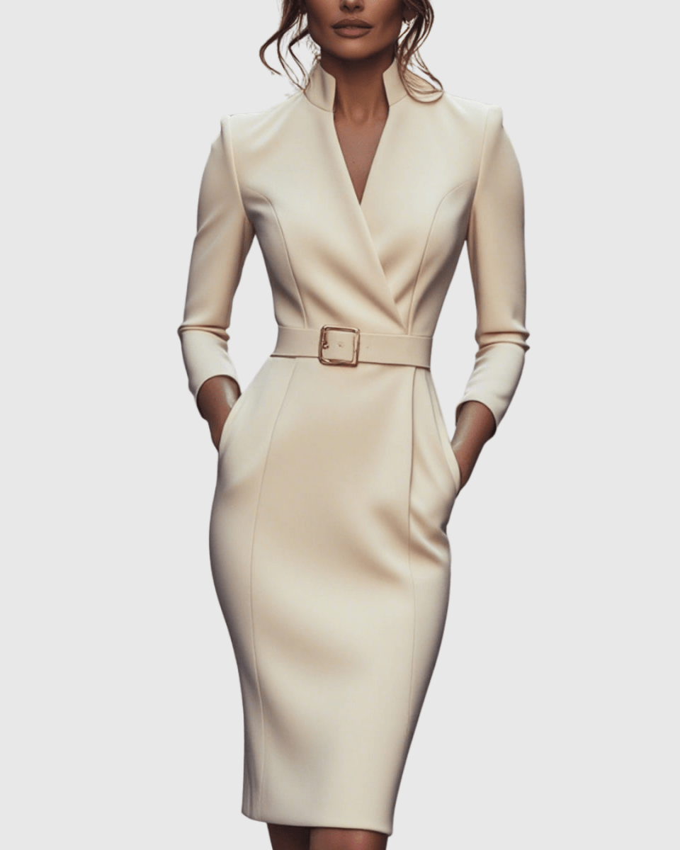 Women’s Refined Belted Midi Dress with Tailored Silhouette for Elegant Occasions