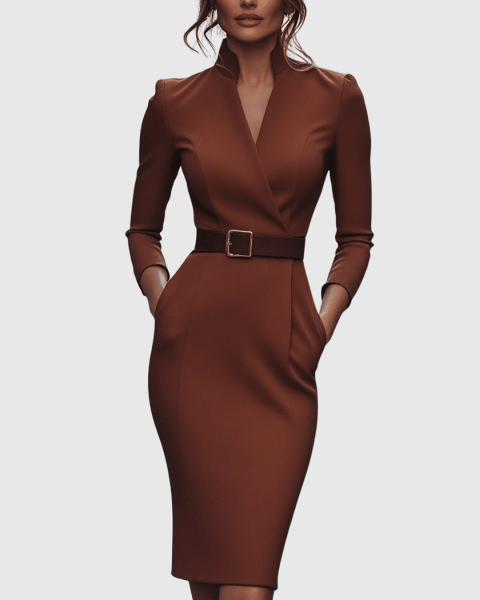 Women’s Refined Belted Midi Dress with Tailored Silhouette for Elegant Occasions
