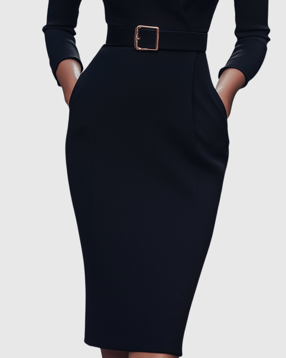 Women’s Refined Belted Midi Dress with Tailored Silhouette for Elegant Occasions