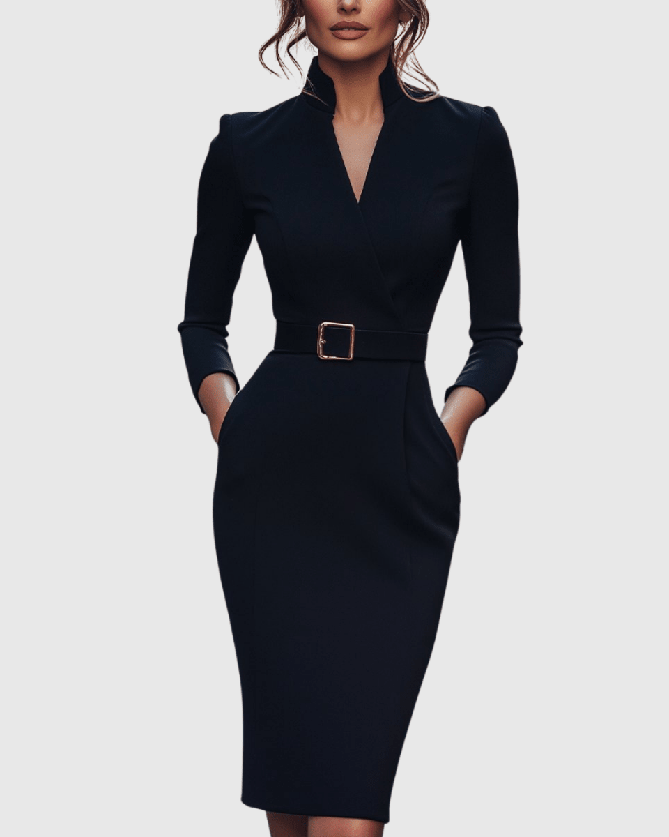 Women’s Refined Belted Midi Dress with Tailored Silhouette for Elegant Occasions
