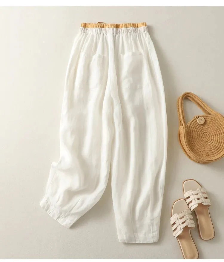 Women’s Relaxed Drawstring Linen - Blend Pants – High - Waist Loose Fit