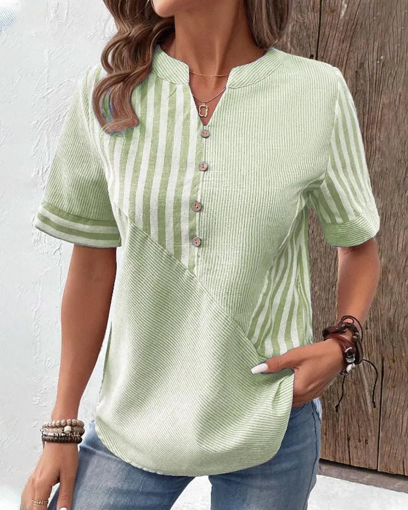 Women’s Relaxed Striped Short Sleeve Blouse with Button Detail