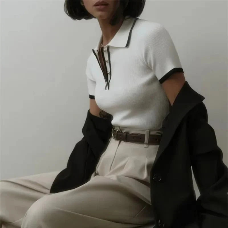 Women’s Ribbed Contrast Trim Polo Shirt – Tailored Slim Fit