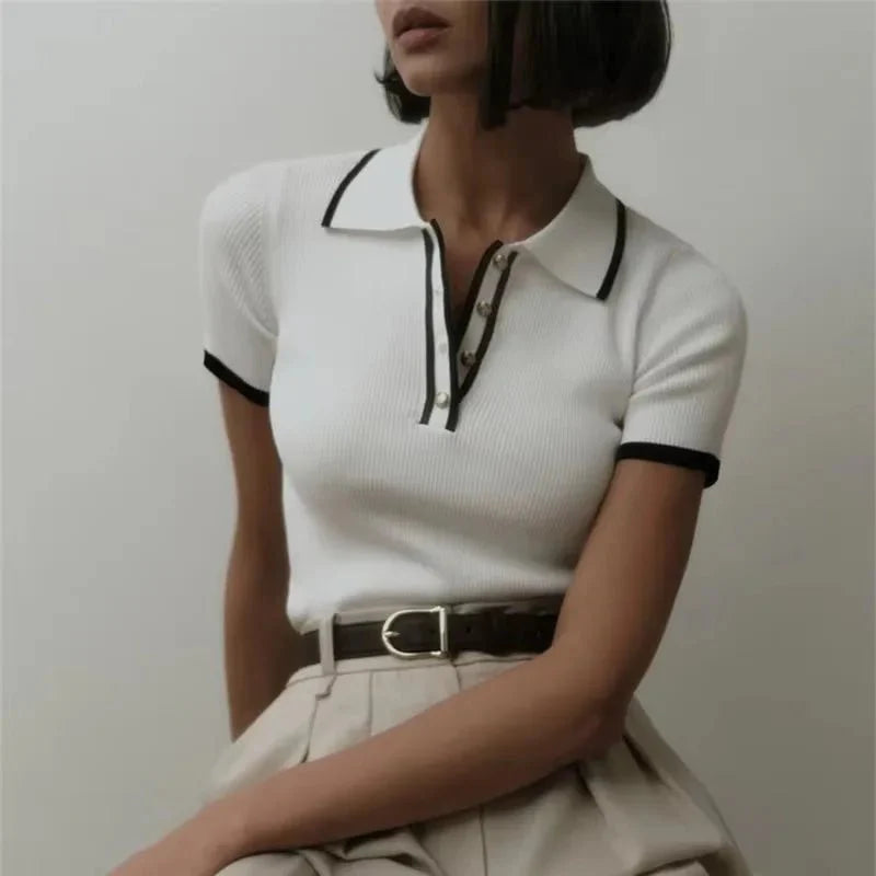 Women’s Ribbed Contrast Trim Polo Shirt – Tailored Slim Fit