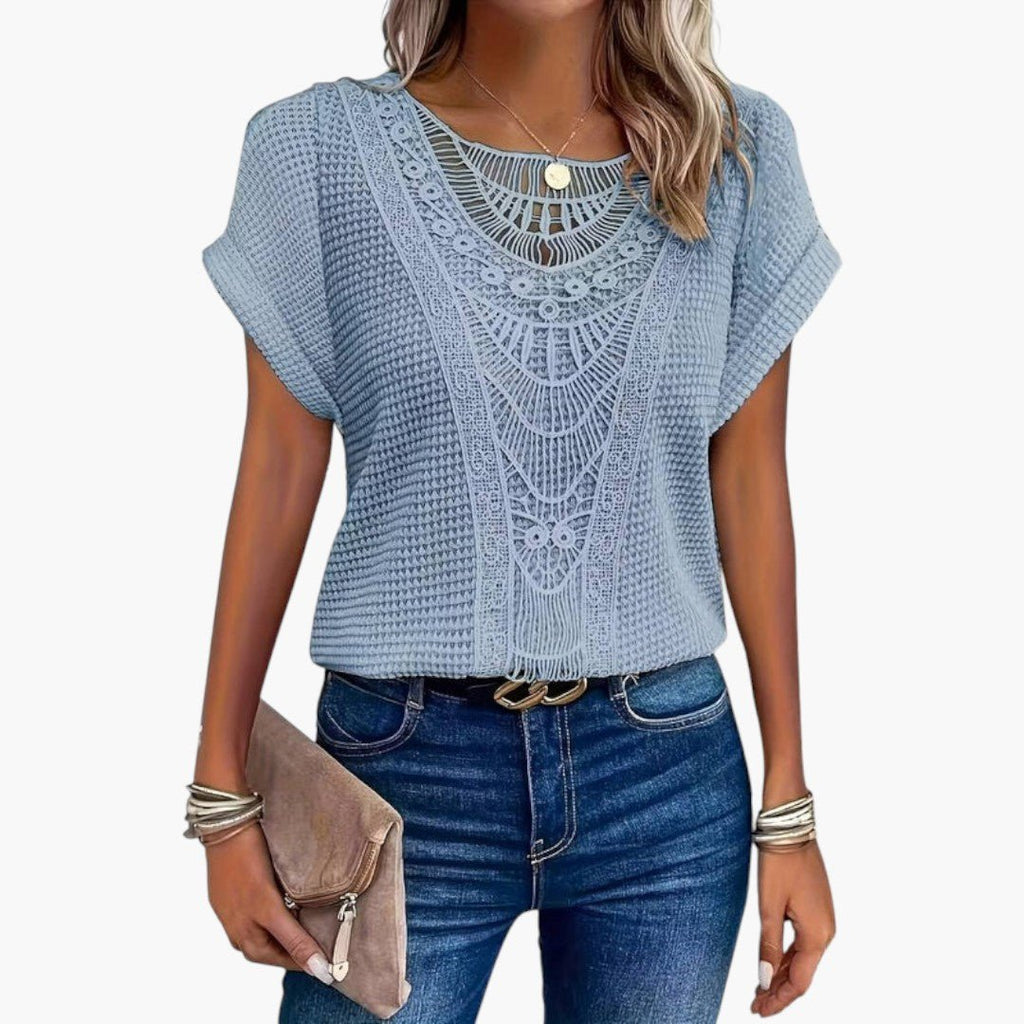 Women’s Round Neck T-Shirt with Elegant Lace Panel Detail