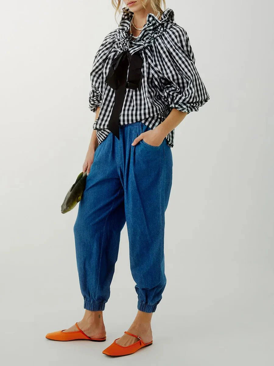 Women’s Ruffle Tie - Neck Blouse – Voluminous Puff Sleeves
