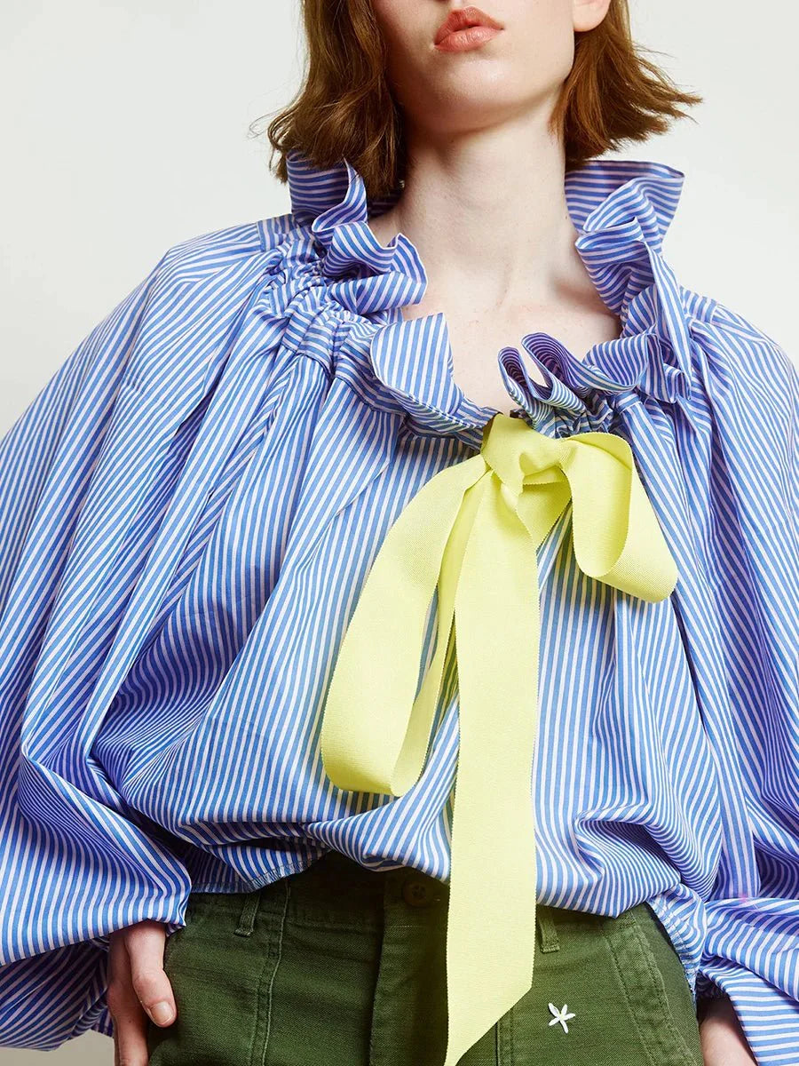 Women’s Ruffle Tie - Neck Blouse – Voluminous Puff Sleeves