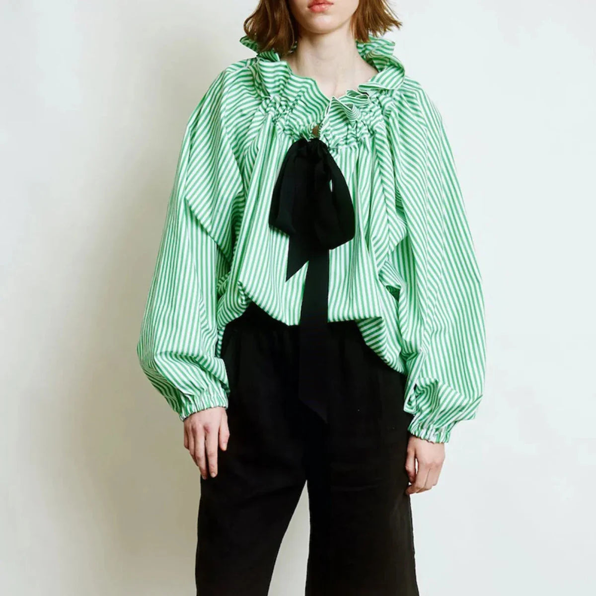 Women’s Ruffle Tie - Neck Blouse – Voluminous Puff Sleeves
