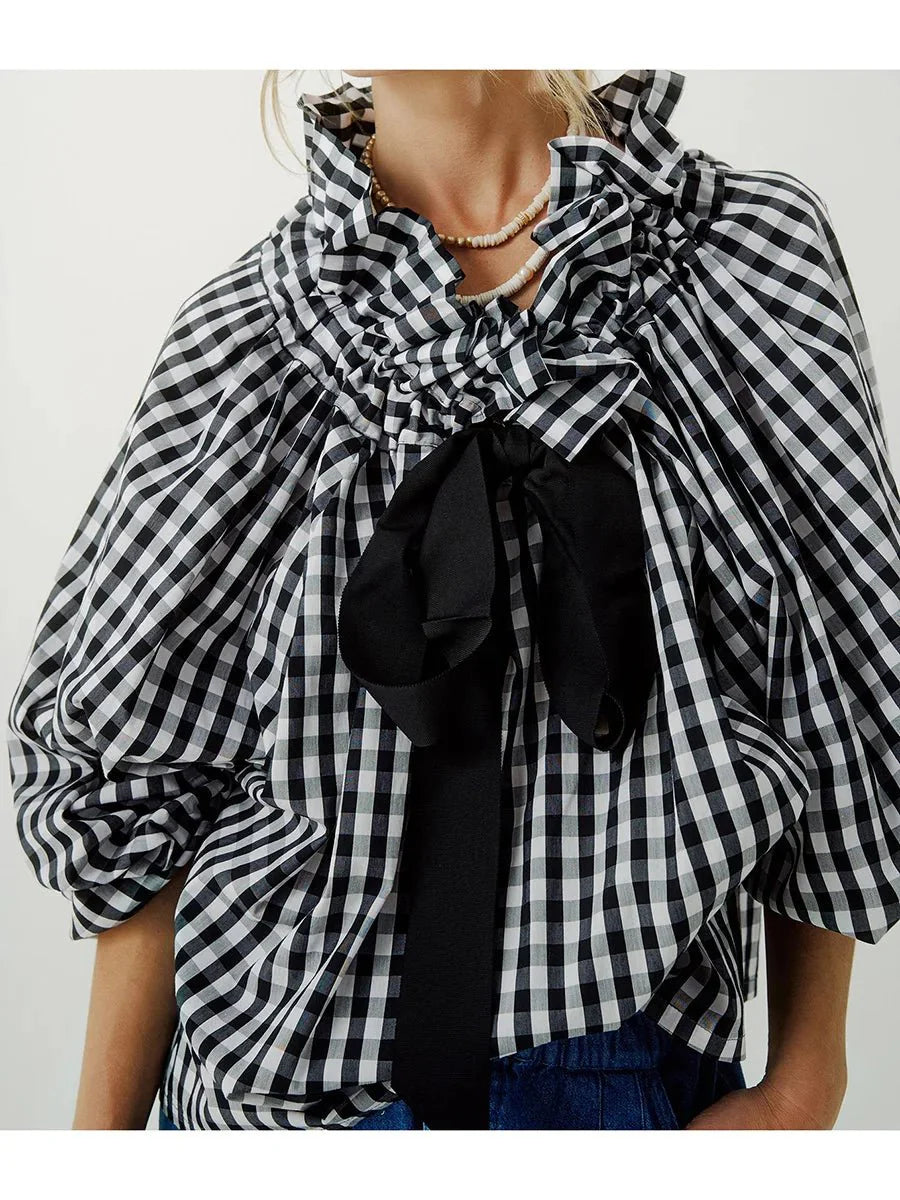 Women’s Ruffle Tie - Neck Blouse – Voluminous Puff Sleeves