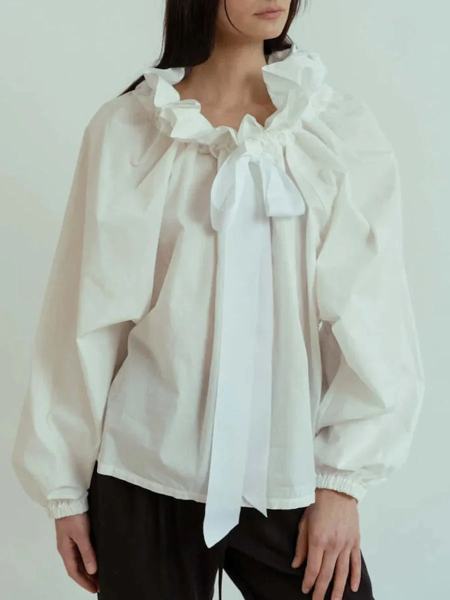 Women’s Ruffle Tie - Neck Blouse – Voluminous Puff Sleeves