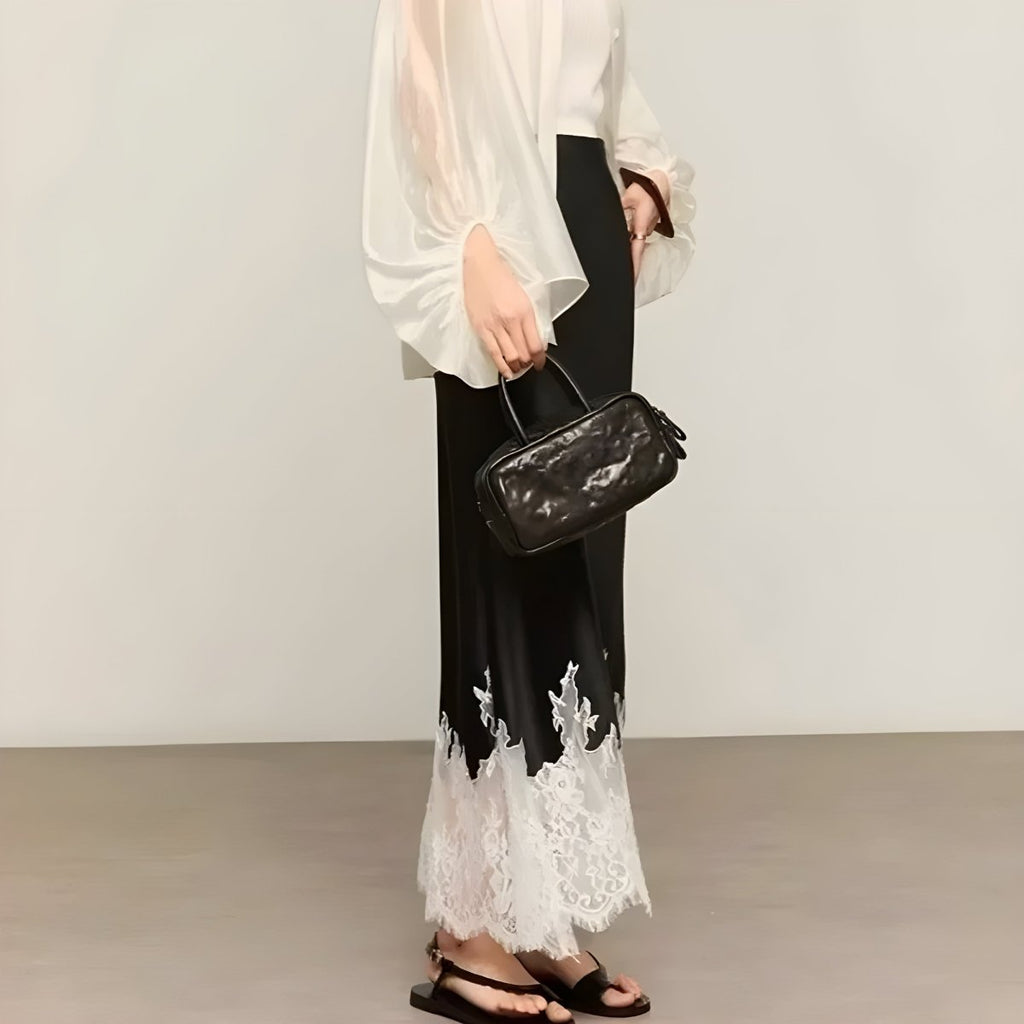 Women’s Satin Midi Skirt with Lace - Trim Hem
