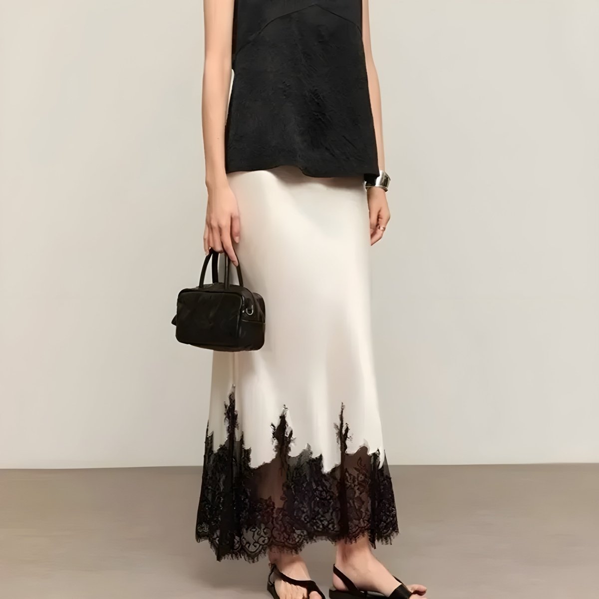 Women’s Satin Midi Skirt with Lace - Trim Hem