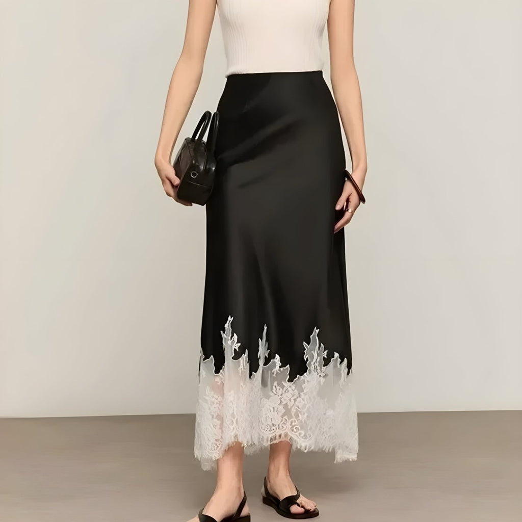 Women’s Satin Midi Skirt with Lace - Trim Hem
