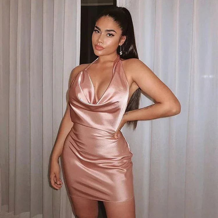 Women’s Satin Mini Dress with Halter Neck Cowl Neckline and Backless Design
