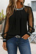 Women’s Sequin Mesh Long Sleeve Top – Sheer Elegance with Embellished Detail