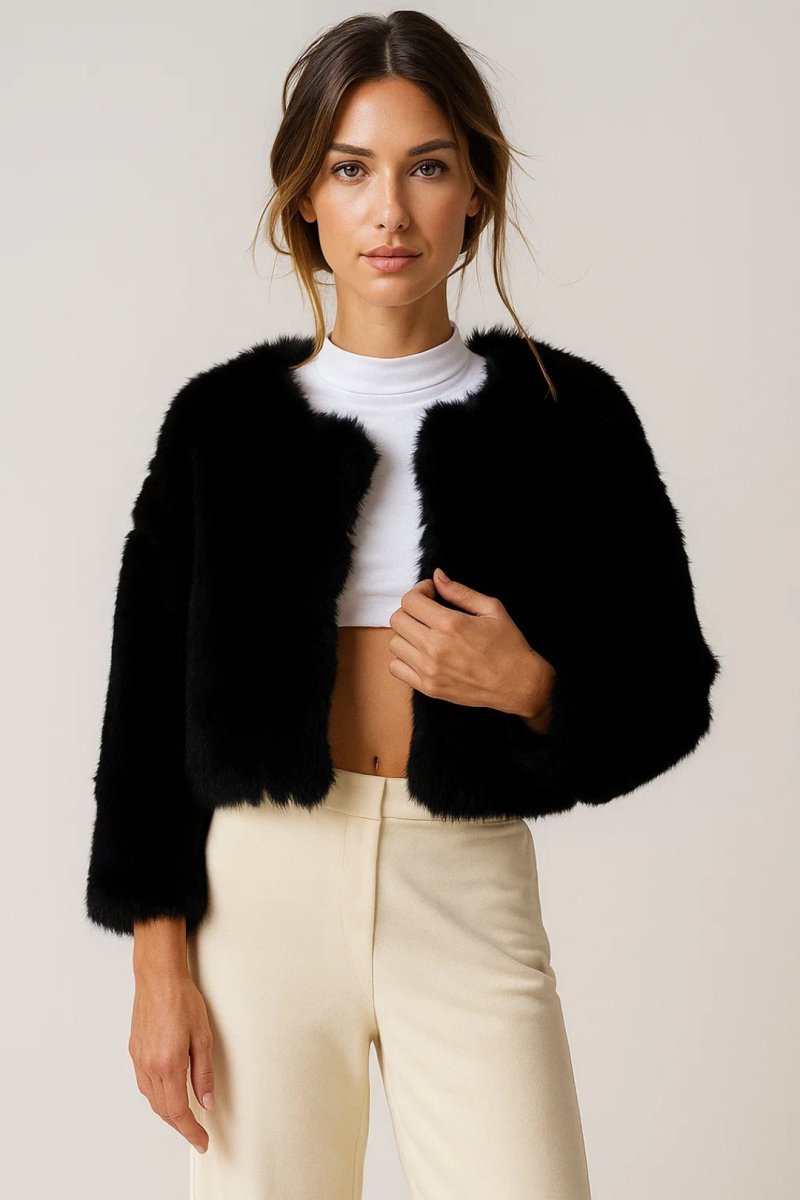 Women’s Short Faux Fur Jacket – Cropped Elegant Layer for Evening and Casual Wear