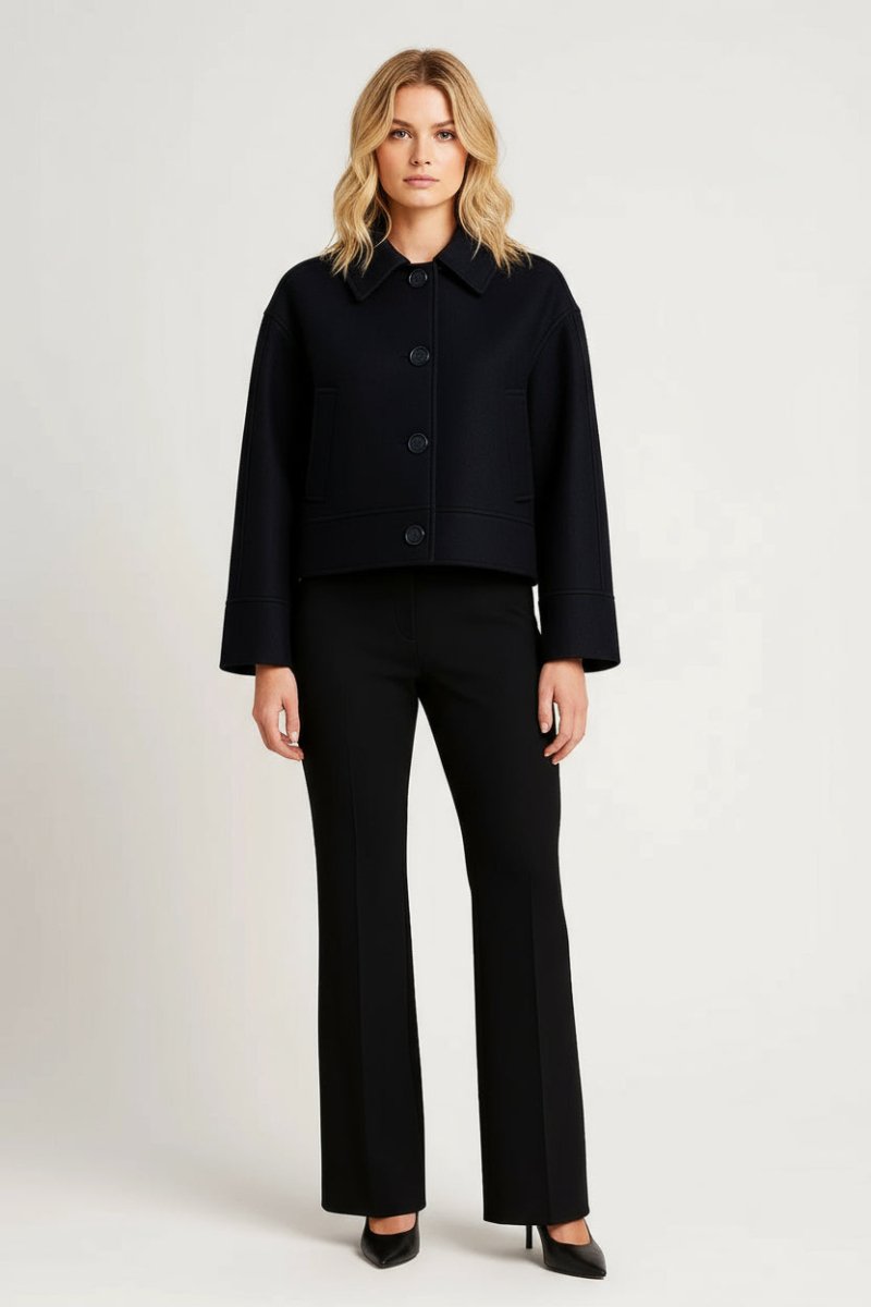 Women’s Short Minimalist Jacket – Structured Button - Up Design, Lined and Warm
