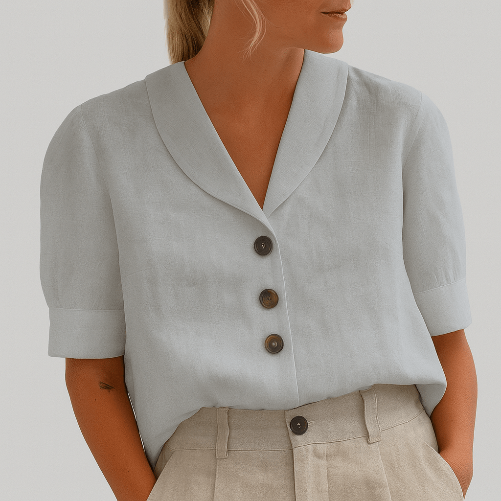 Women’s Short Sleeve Button - Up Blouse with V - Neck Collar