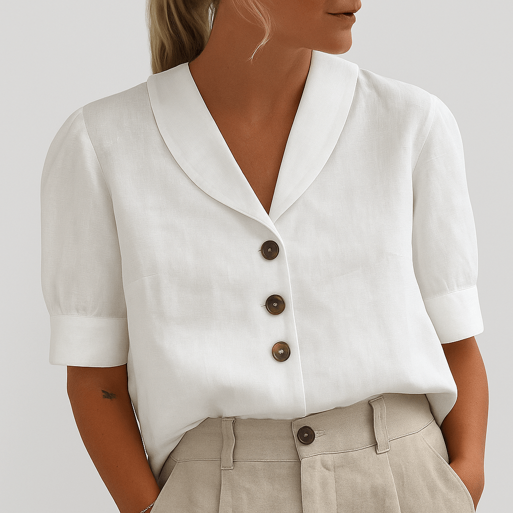 Women’s Short Sleeve Button - Up Blouse with V - Neck Collar