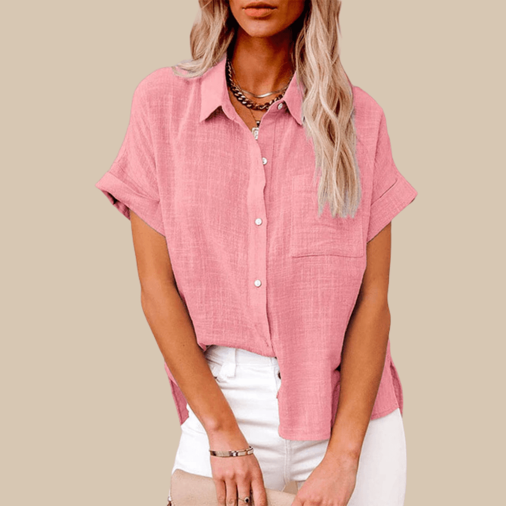 Women’s Short Sleeve Button - Up Shirt with Collared Neckline and Rolled Cuffs