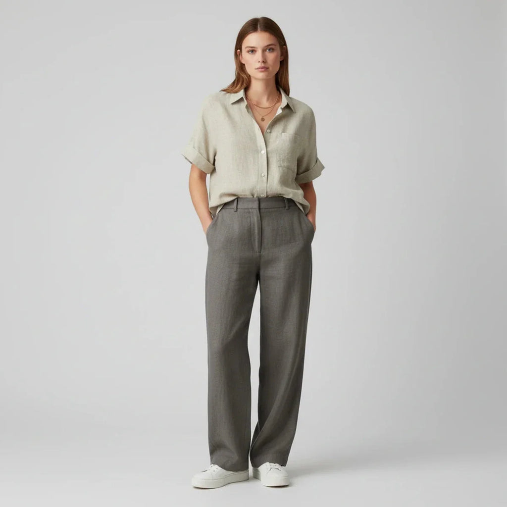 Women’s Short Sleeve Button - Up Shirt with Collared Neckline and Rolled Cuffs