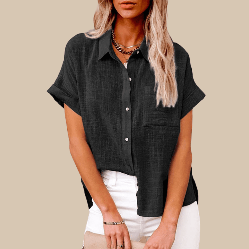 Women’s Short Sleeve Button - Up Shirt with Collared Neckline and Rolled Cuffs