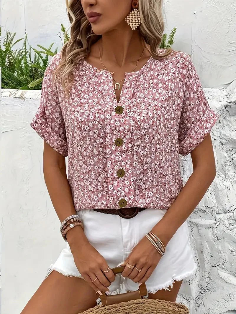 Women’s Short Sleeve Floral Blouse with Round Neck and Button Front