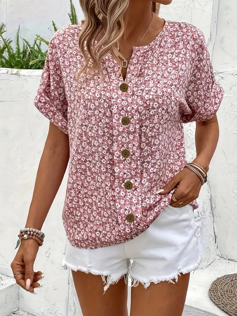 Women’s Short Sleeve Floral Blouse with Round Neck and Button Front