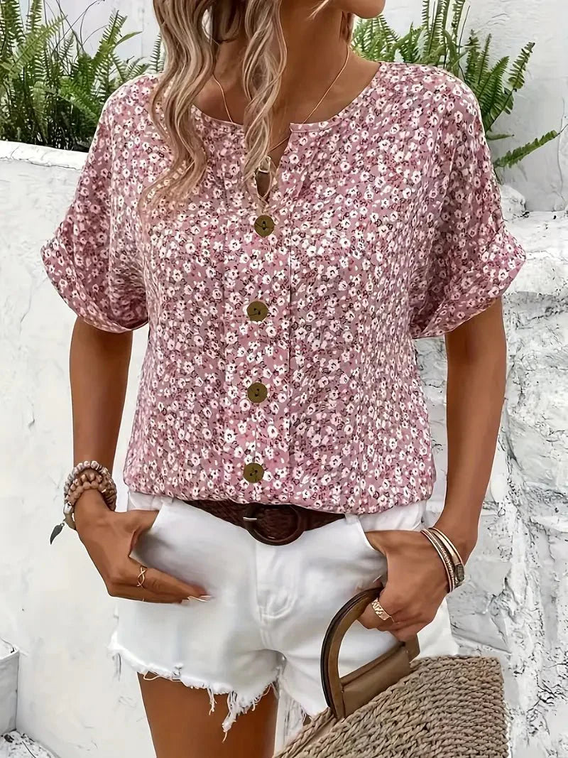 Women’s Short Sleeve Floral Blouse with Round Neck and Button Front