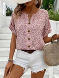 Women’s Short Sleeve Floral Blouse with Round Neck and Button Front