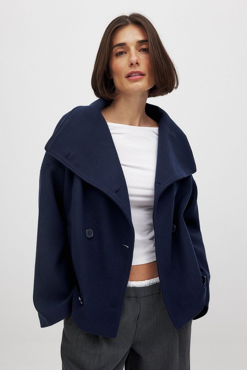 Women’s Short Wool Jacket – Double - Breasted Front with Oversized Collar