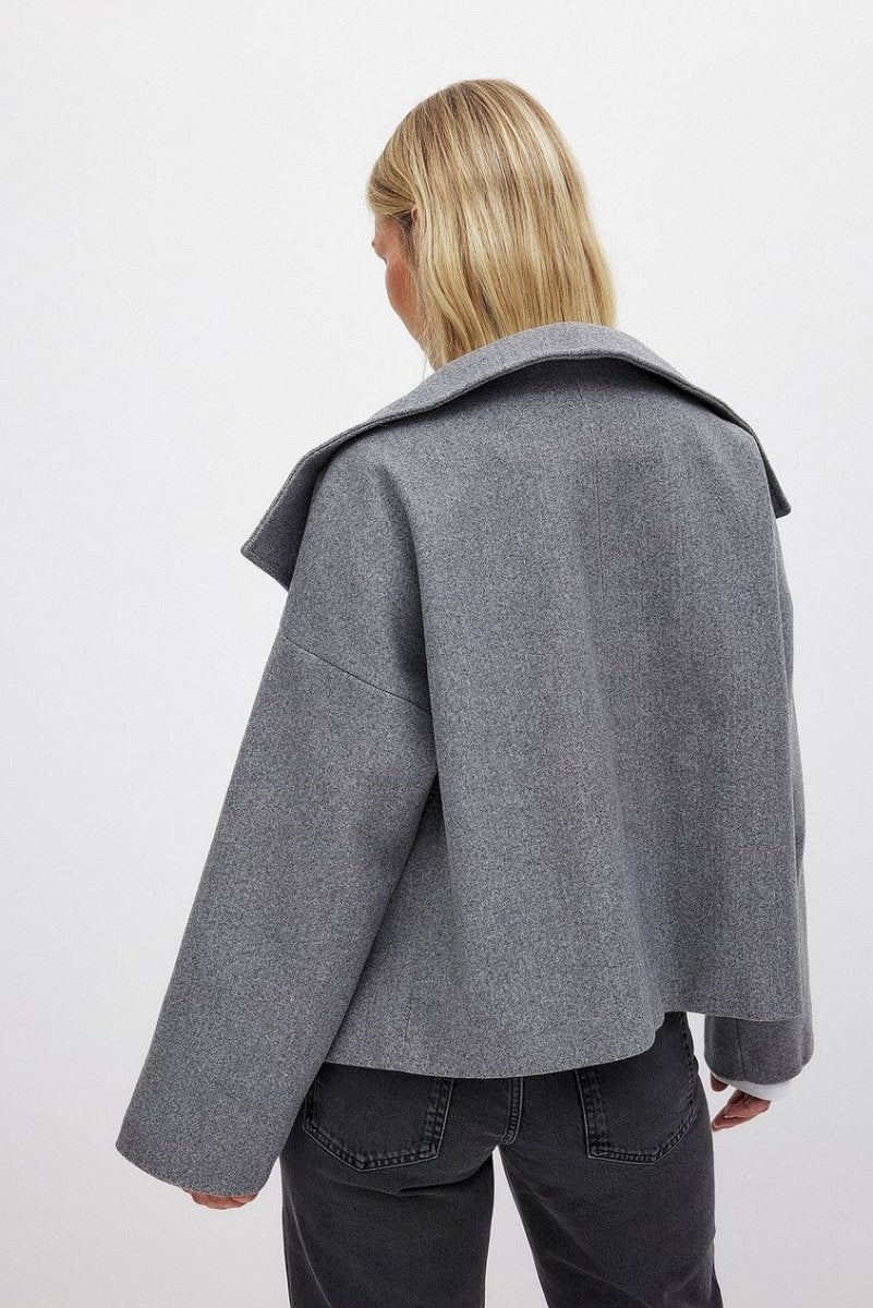 Women’s Short Wool Jacket – Double - Breasted Front with Oversized Collar