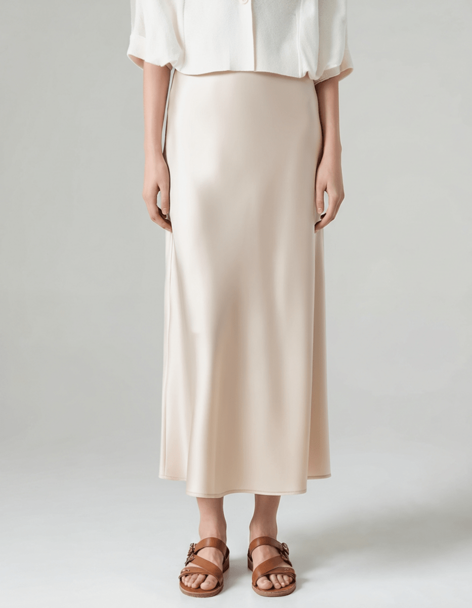 Women’s Silk Solid Midi Skirt with Elastic Waistband