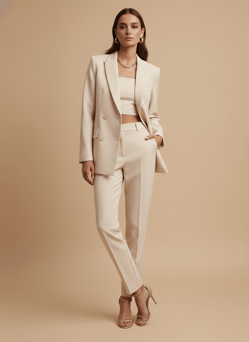 Women’s Single - Breasted Pants Suit with Longline Blazer and Straight - Leg Trousers
