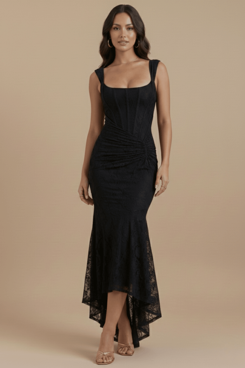 Women’s Sleeveless Asymmetric Maxi Dress with Square Neckline, Draped Waist, and High - Low Hem