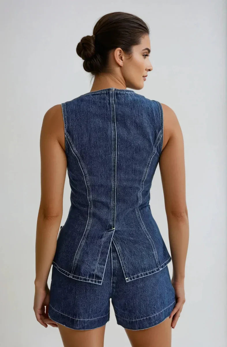 Women’s Sleeveless Denim Two - Piece Set with Button - Front Top and Shorts