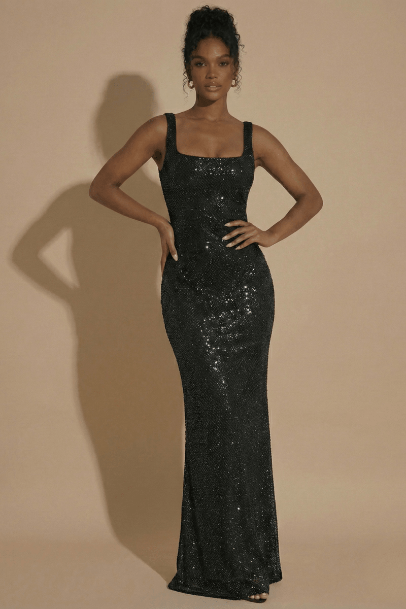 Women’s Sleeveless Maxi Dress with Square Neckline, Open Back, and All - Over Embellishment