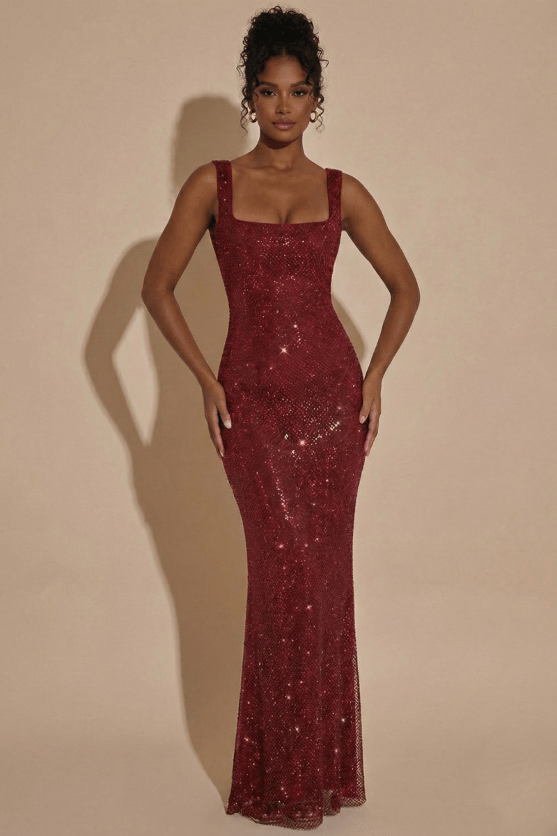 Women’s Sleeveless Maxi Dress with Square Neckline, Open Back, and All - Over Embellishment