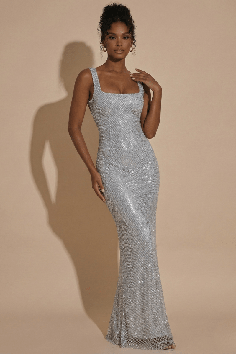 Women’s Sleeveless Maxi Dress with Square Neckline, Open Back, and All - Over Embellishment