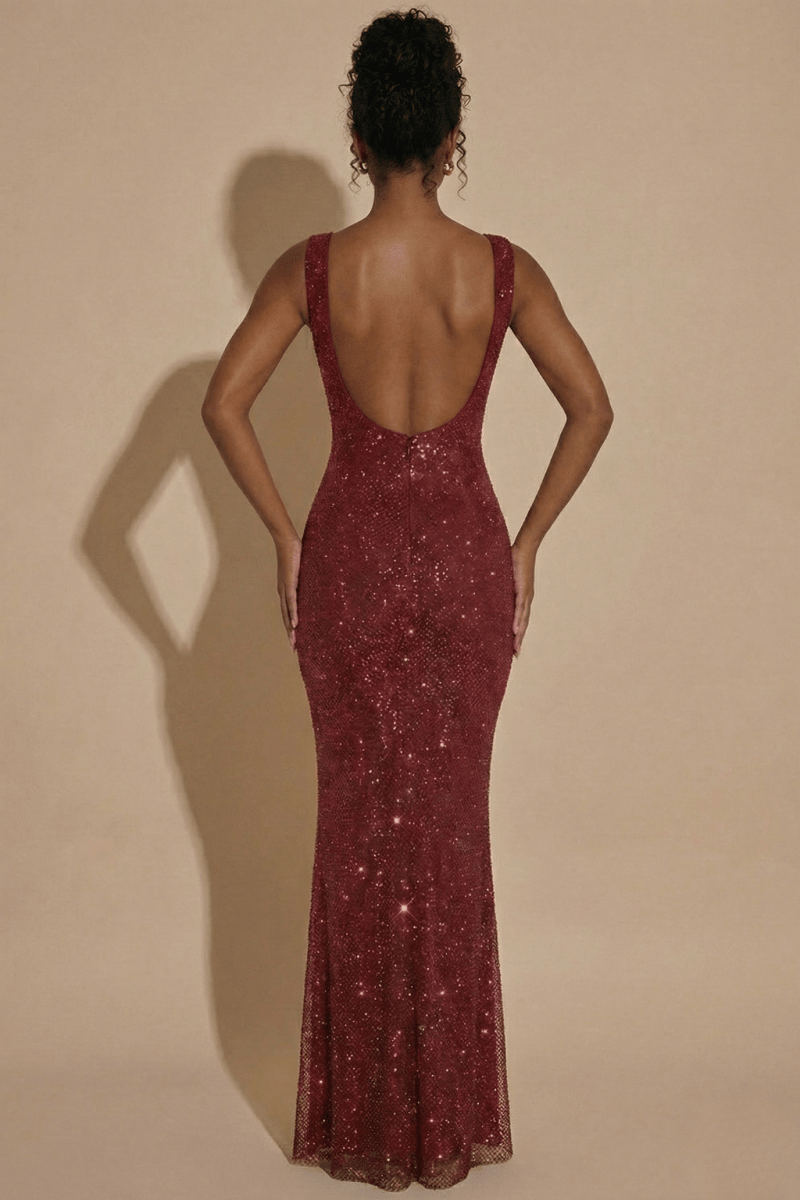 Women’s Sleeveless Maxi Dress with Square Neckline, Open Back, and All - Over Embellishment