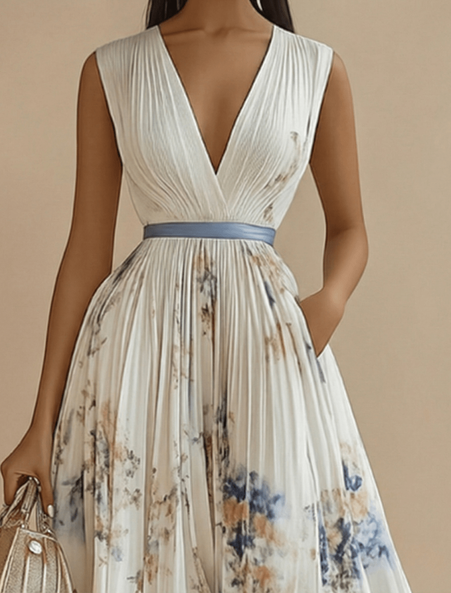 Women’s Sleeveless Pleated Maxi Dress with V - Neck and Defined Waist