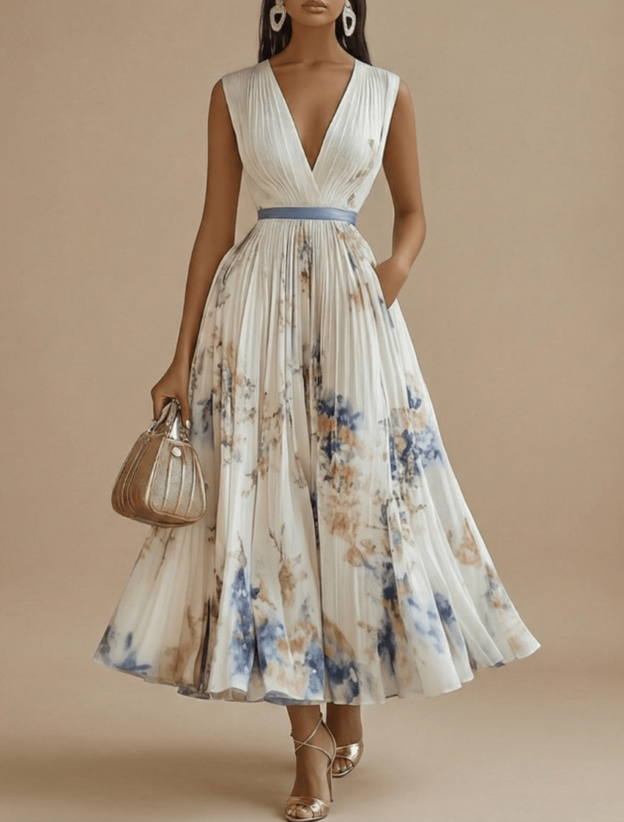 Women’s Sleeveless Pleated Maxi Dress with V - Neck and Defined Waist